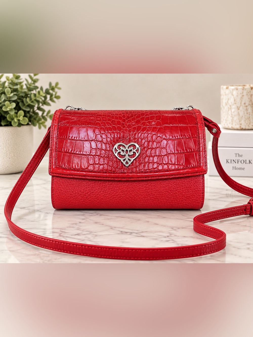Brighton Red Croc Embossed Crossbody Bag Silver Heart Flap Purse